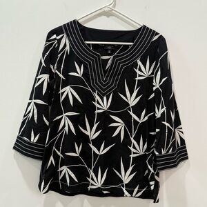 Talbots 8P petite bamboo leaf embroidered tunic Blouse sheer 3/4 sleeves GUC